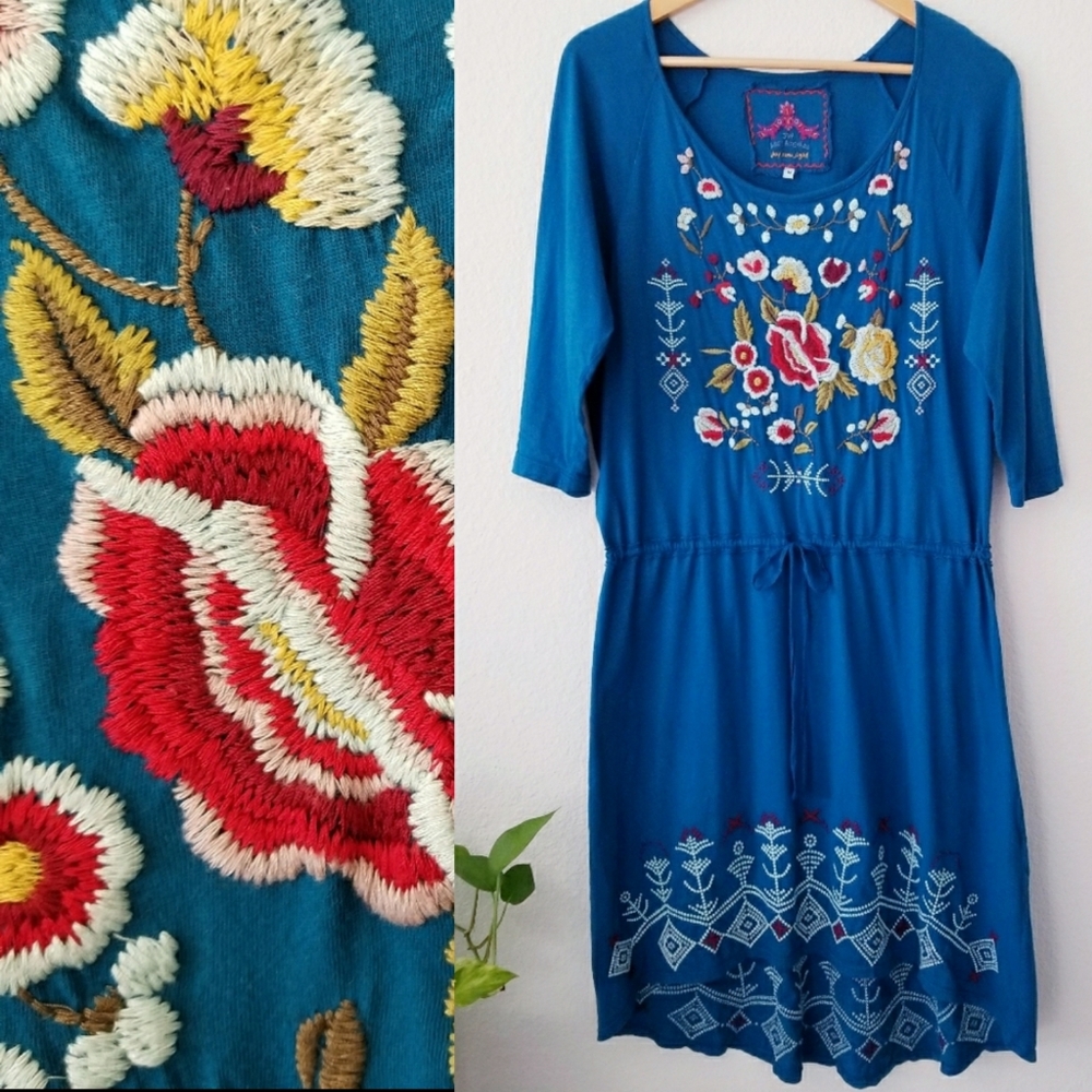 Johnny Was Blue Floral Embroidered High Low Dress